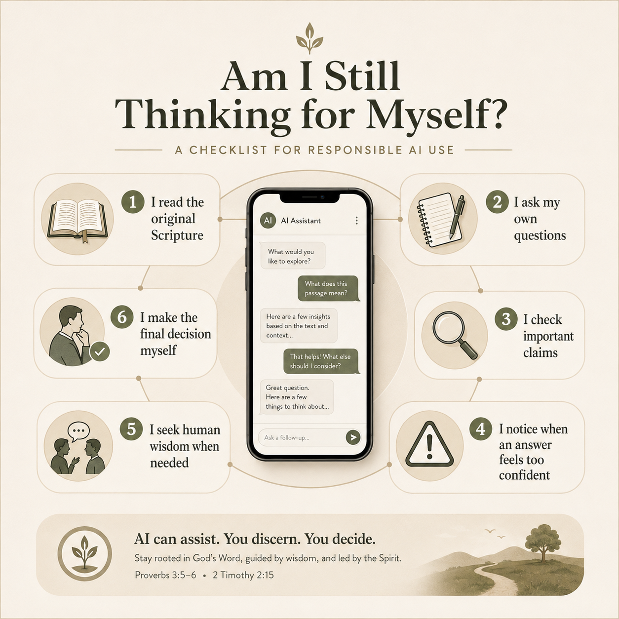 A checklist asking whether someone is still reading Scripture, asking personal questions, checking claims, noticing overconfidence, seeking human wisdom, and making final decisions independently.