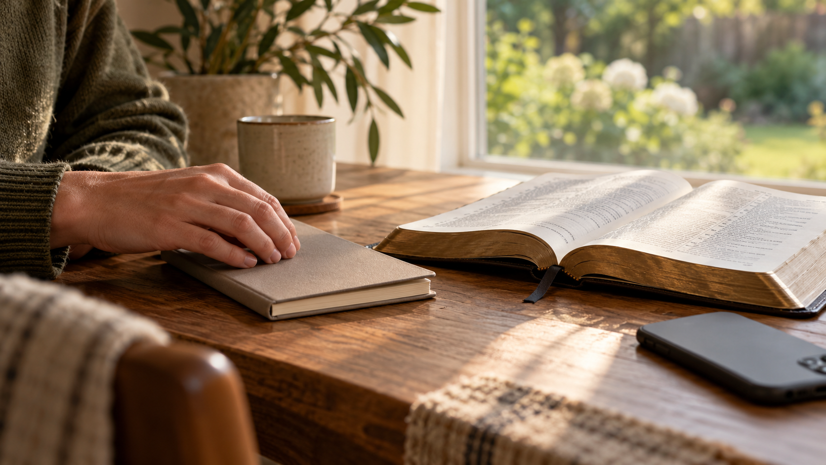 A reader closes a plain personal notebook beside an open Bible, with a face-down phone and garden window nearby.