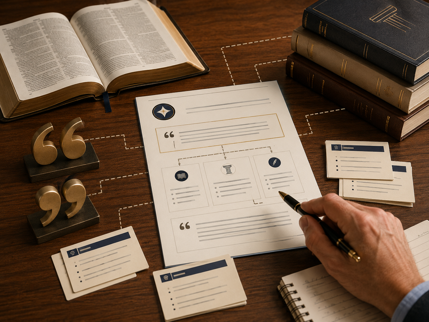A human hand traces broken links between a polished AI response, an open Bible, theology books, quotation marks, and citation cards.