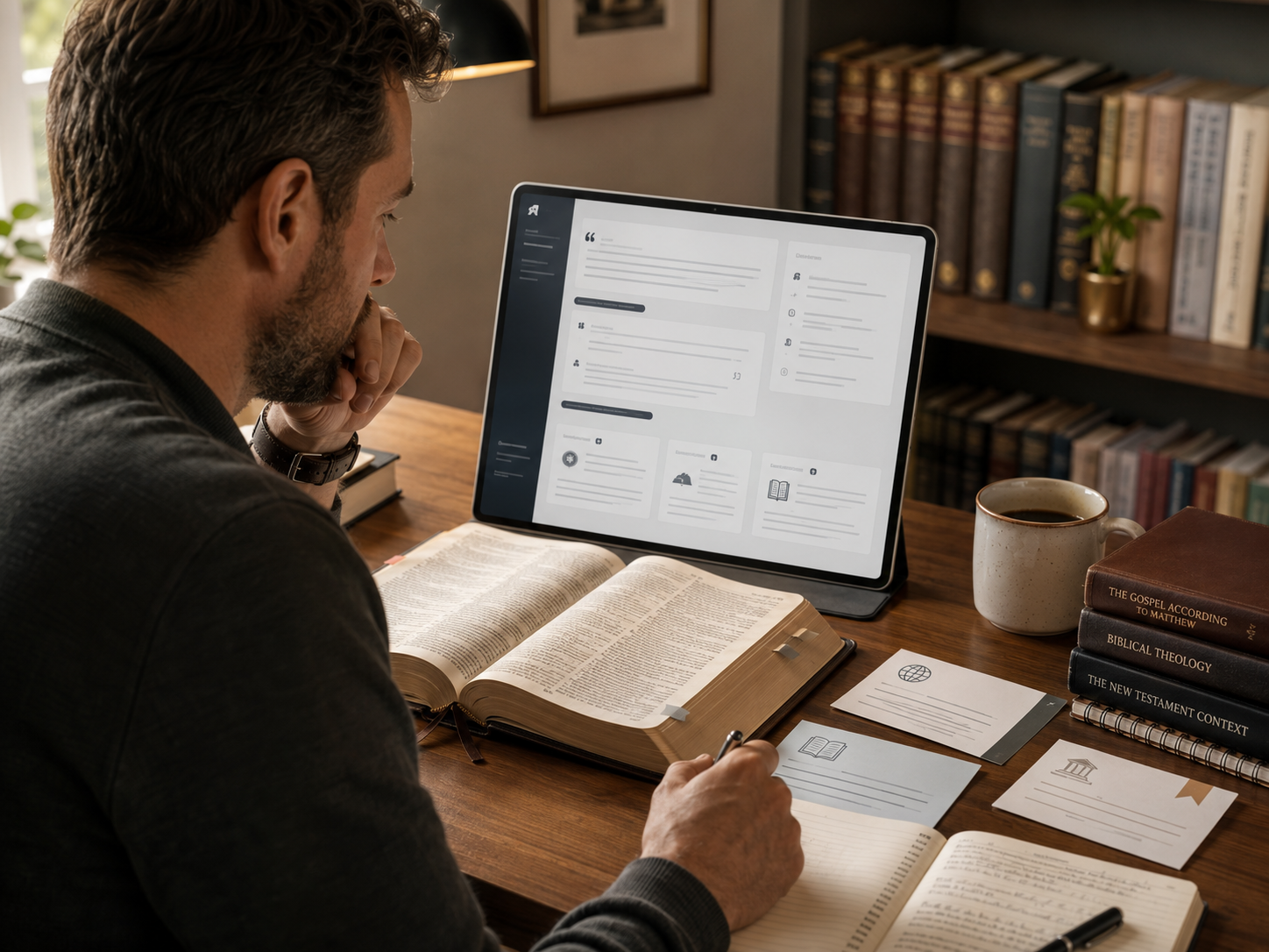 A person carefully checks a polished AI response against an open Bible and physical reference books.