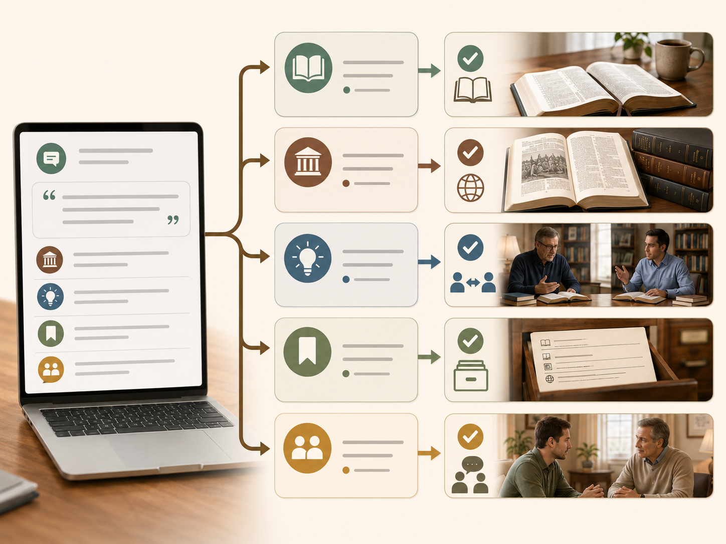 A verification workflow separates an AI faith answer into Scripture, history, theology, sources, and personal advice before checking each claim appropriately.