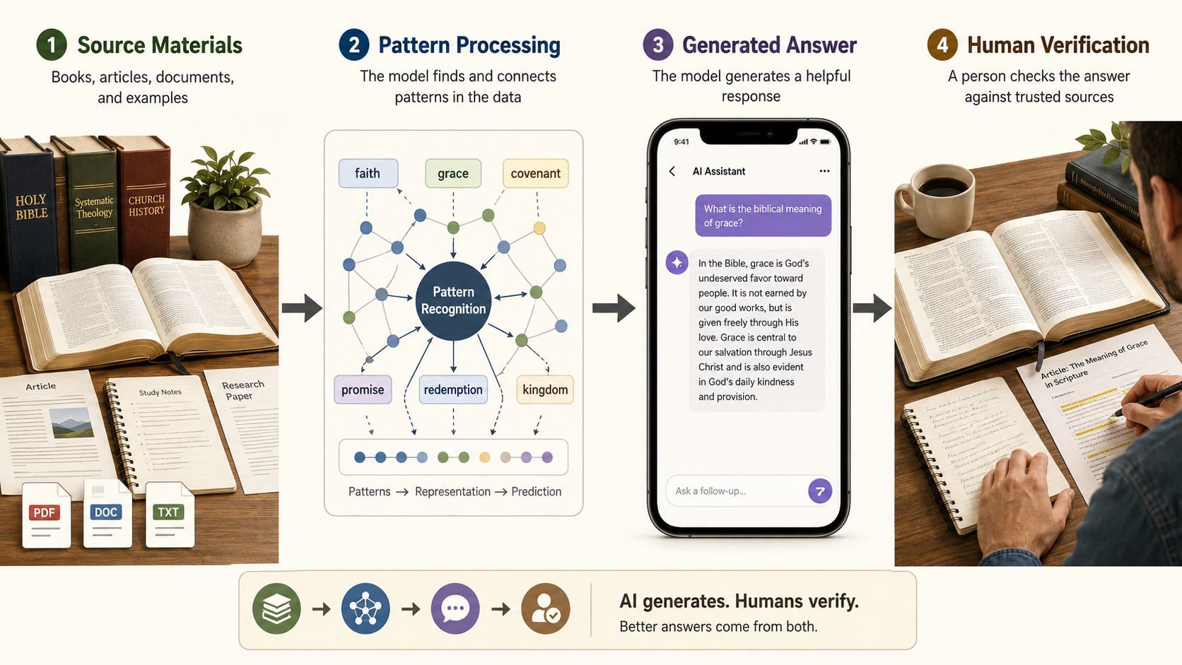 A simple infographic showing source materials, pattern processing, a generated answer, and human verification.
