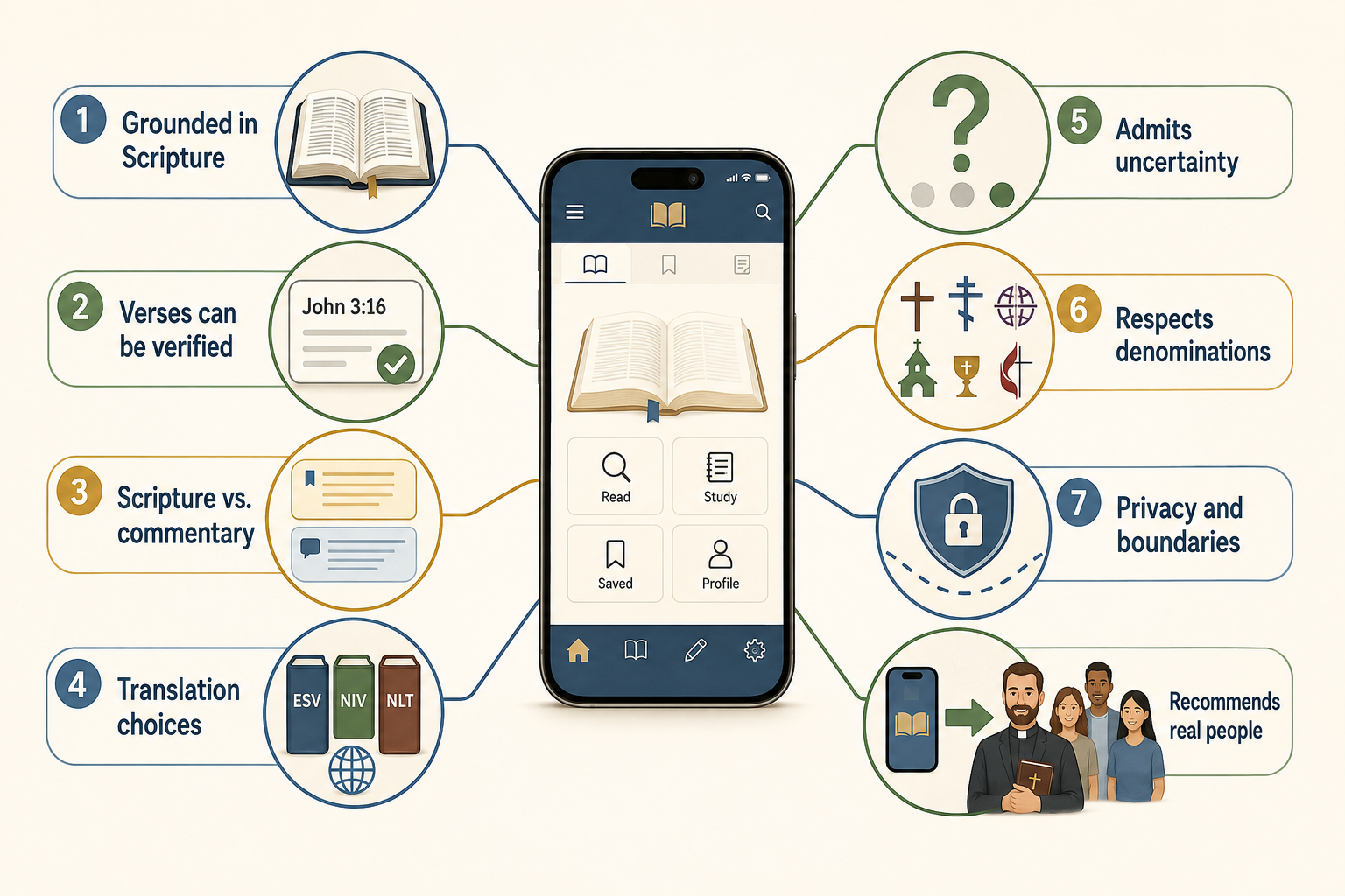 Eight checkpoints surround a Bible app: Scripture grounding, verifiable verses, clear commentary, translation choices, uncertainty, denominations, privacy, and recommendations to real people.