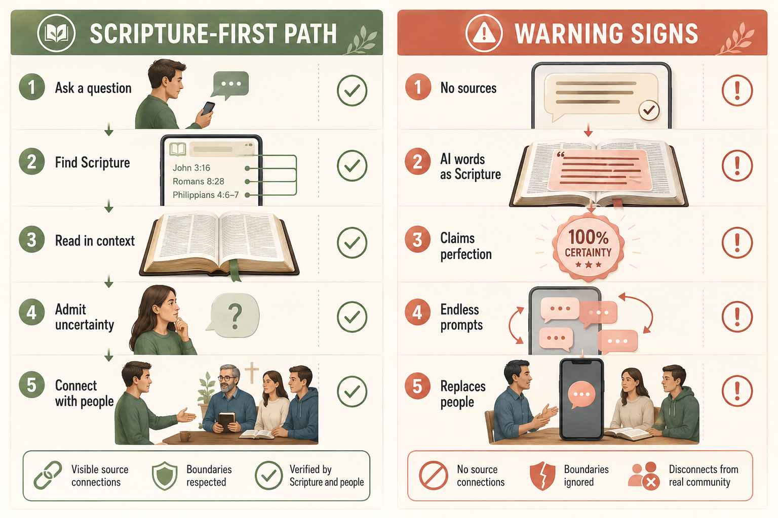 A Scripture-first path with sources, context, uncertainty, and human connection is compared with warning signs such as missing sources, false certainty, endless prompts, and replacing people.