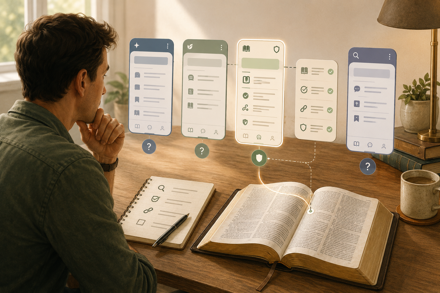 A person compares several Bible app interfaces against an open physical Bible using a checklist, source links, a privacy shield, and signs of honest uncertainty.
