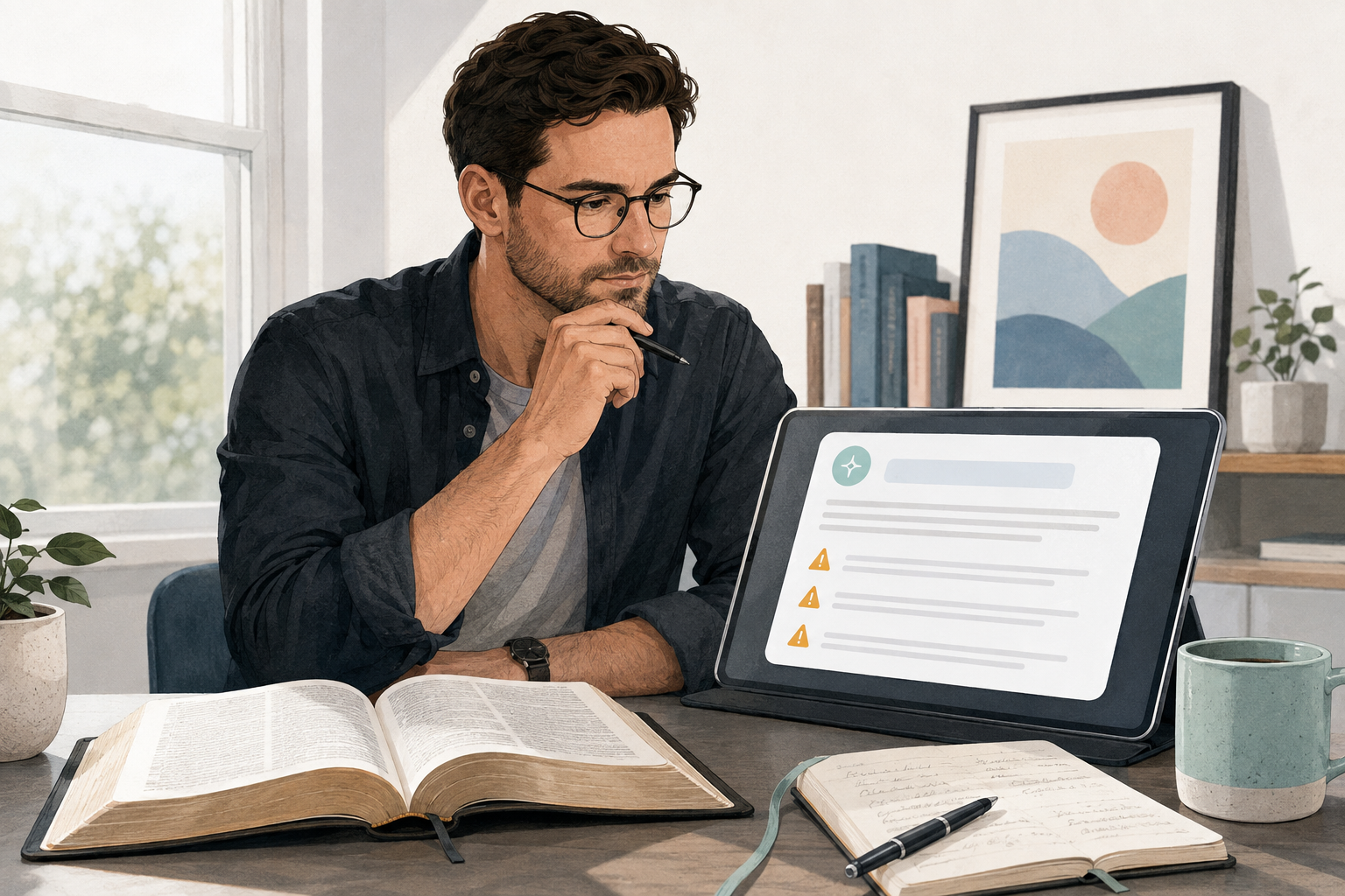 A thoughtful reader comparing an AI response with an open Bible and handwritten study notes.