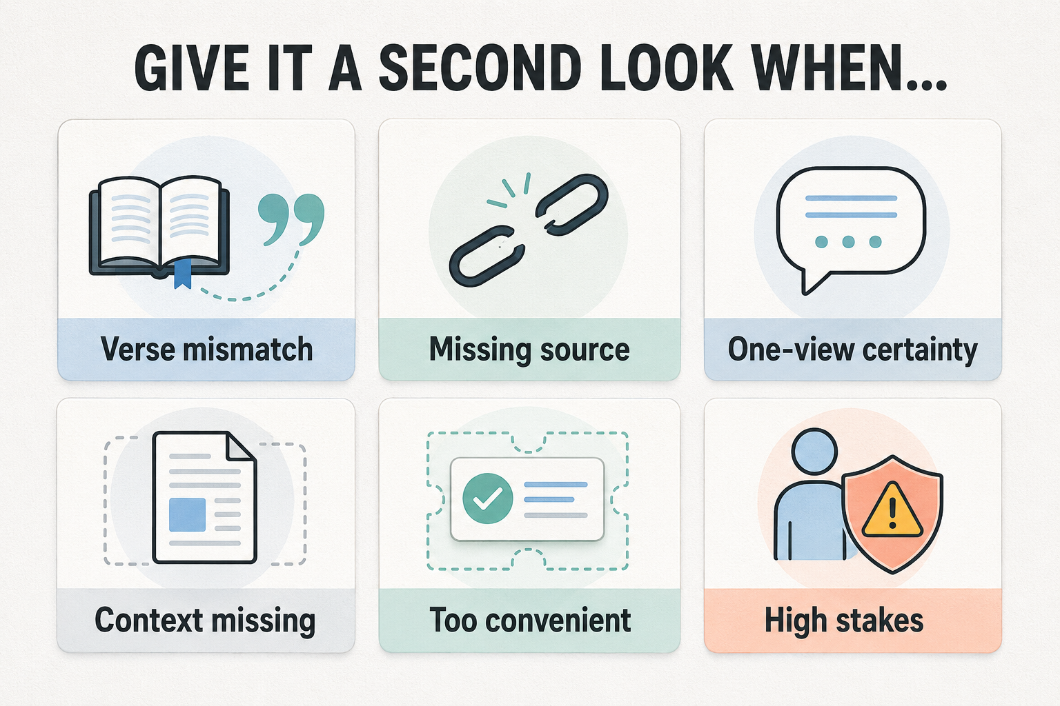 Six warning signs that an AI answer needs a second look: verse mismatch, missing source, one-view certainty, missing context, an answer that is too convenient, and high stakes.