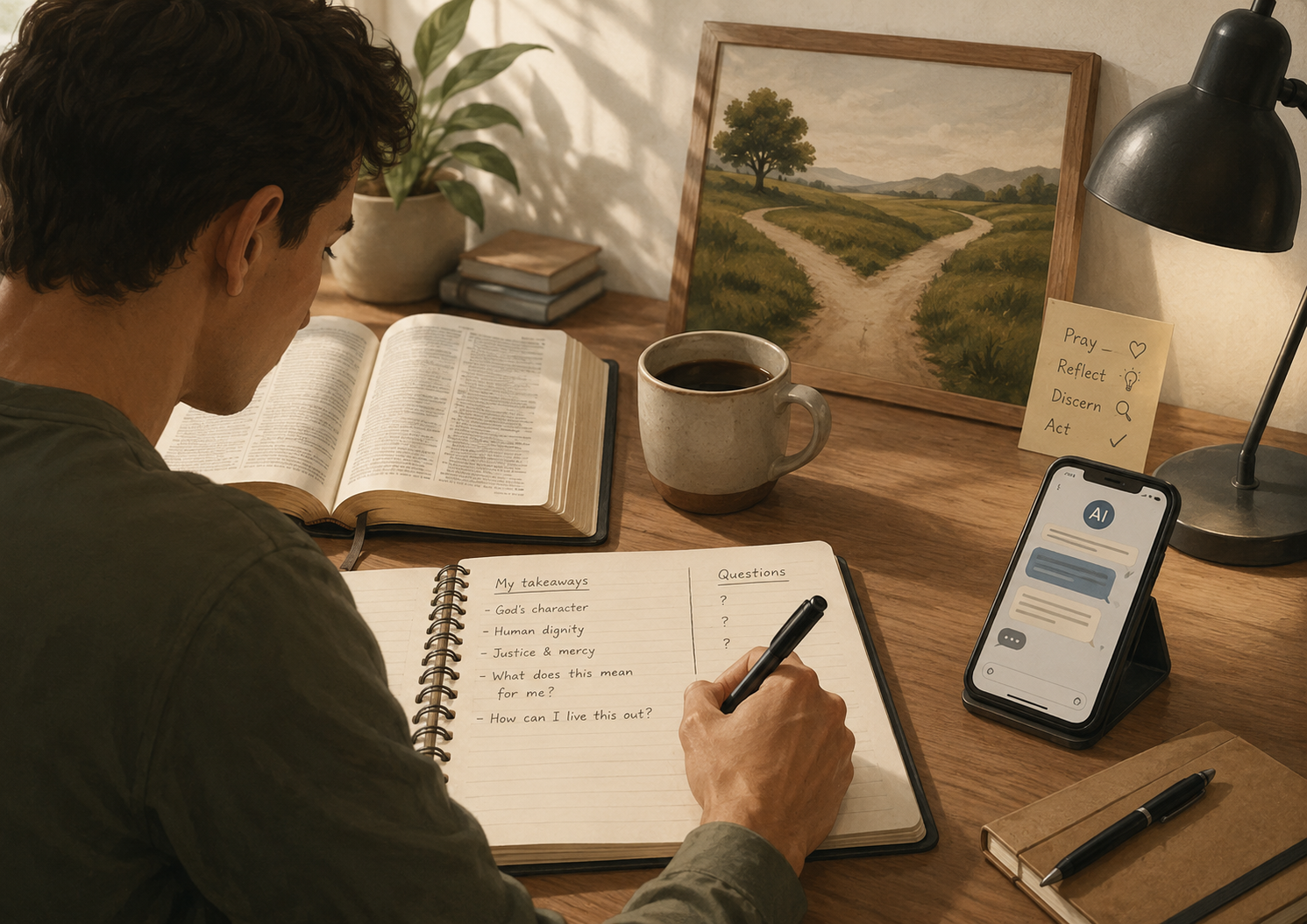 A person studies an open Bible and writes personal reflections in a notebook while an AI conversation remains secondary on a nearby phone.