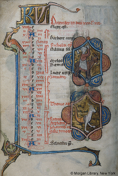 An illuminated manuscript page with decorated lettering and artwork alongside handwritten text.