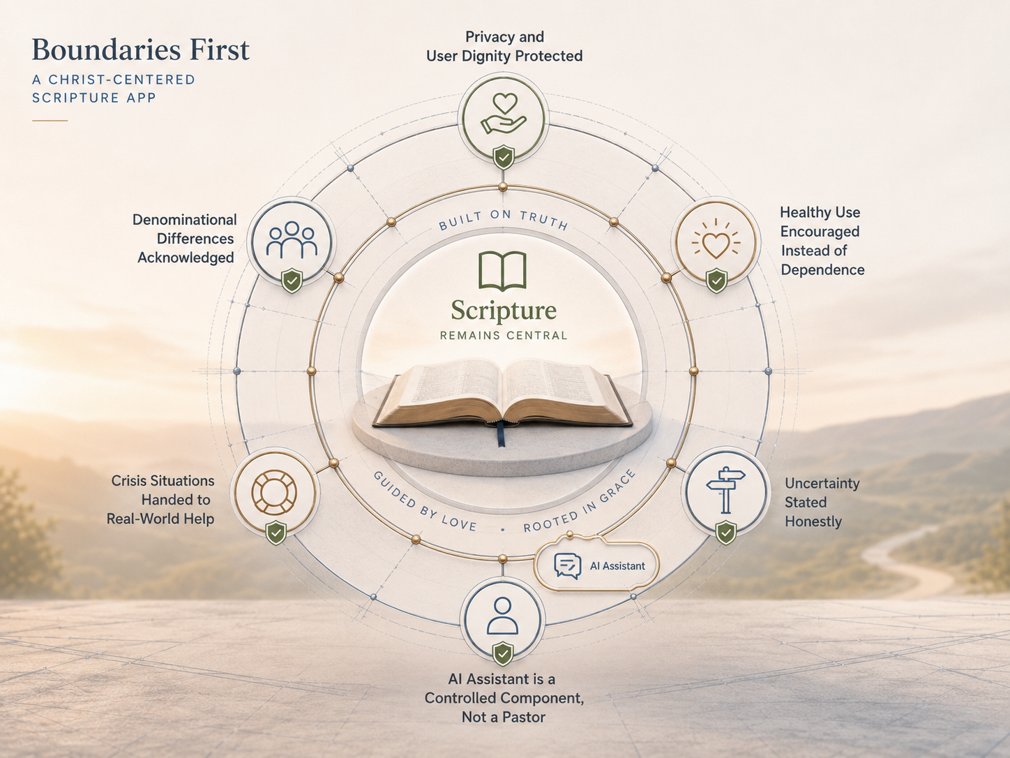 A system diagram places Scripture at the center while AI remains one controlled component surrounded by privacy, human handoff, denominational honesty, uncertainty, crisis support, and healthy-use boundaries.