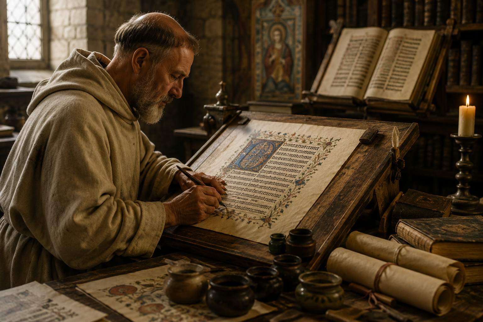 A medieval scribe working carefully on an illuminated manuscript.