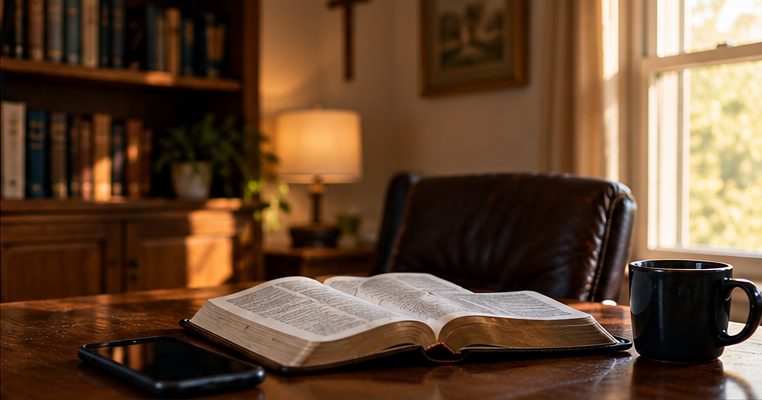 An open Bible and smartphone on the desk of a warmly lit pastor's study.