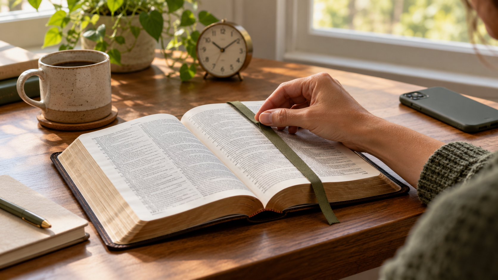 A reader places an olive ribbon bookmark in an open Bible, with a clock, mug, and face-down phone nearby.