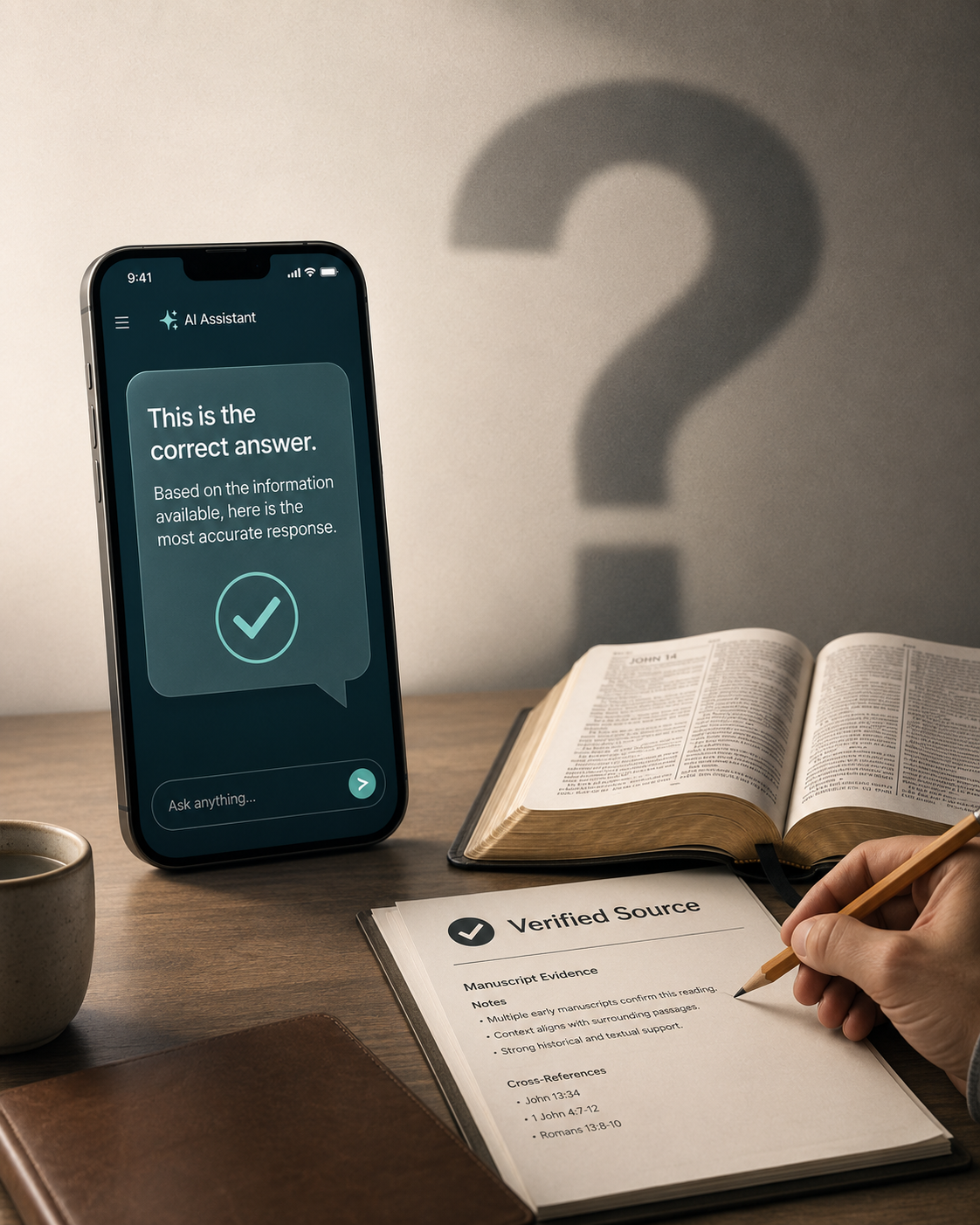 A confident AI answer on a phone beside an open Bible and a source document being carefully verified.