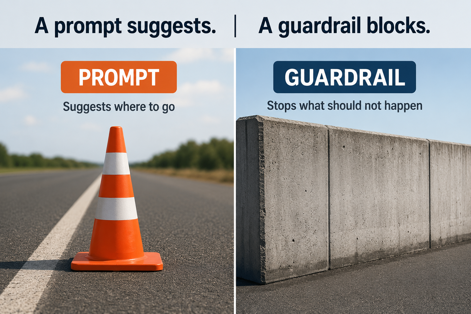 A split image comparing a traffic cone labeled Prompt with a solid wall labeled Guardrail, showing the difference between a suggestion and a boundary.