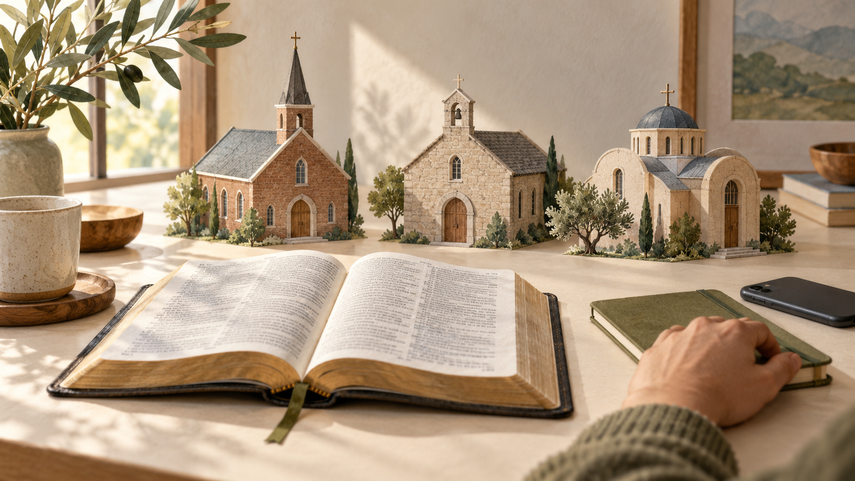 An open Bible beside three unranked model church buildings, a closed notebook, and a face-down phone.