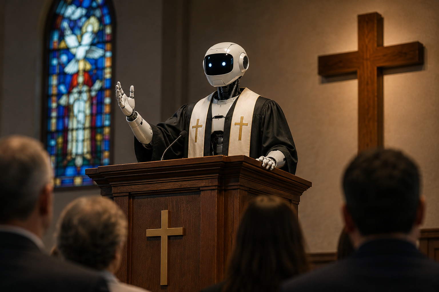 A robot standing behind a church pulpit, illustrating why AI should not replace spiritual leadership.