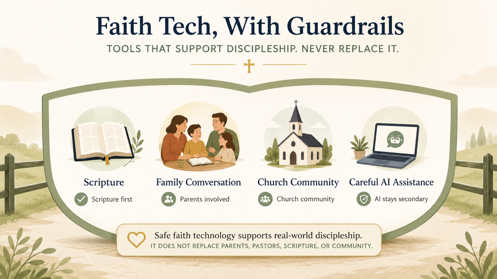 An infographic showing faith-based technology guardrails around Scripture, family conversation, church community, and careful AI assistance.
