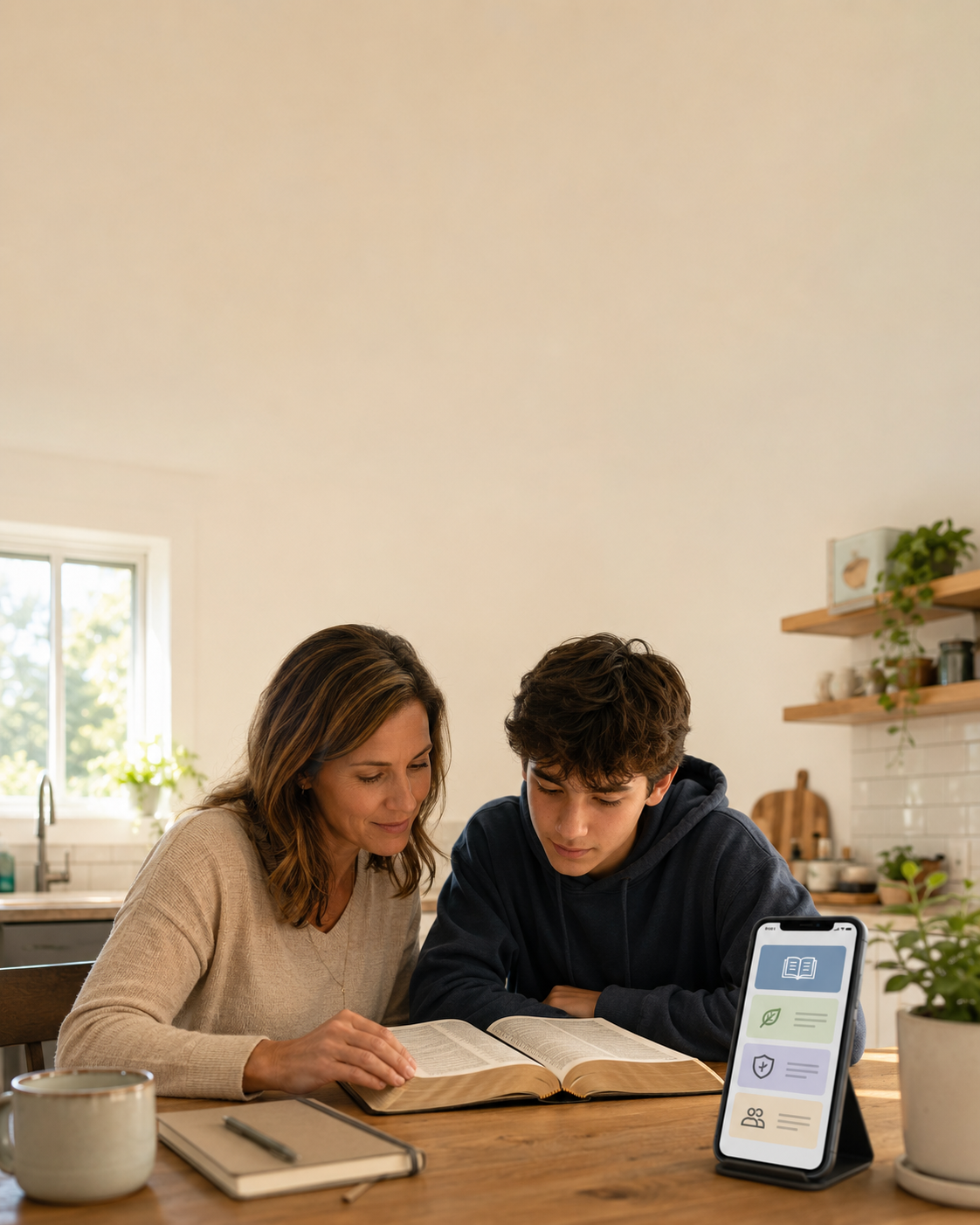 A mother and teenage son reading an open Bible together beside a calm Scripture app.