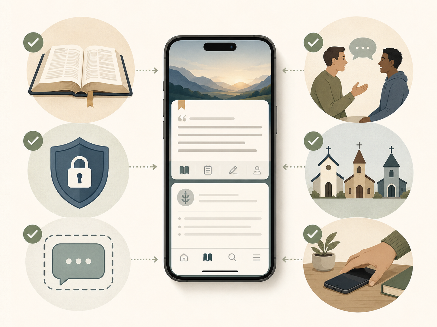 An illustrated checklist showing Scripture, privacy, boundaries, real community, denominational respect, and healthy app use.