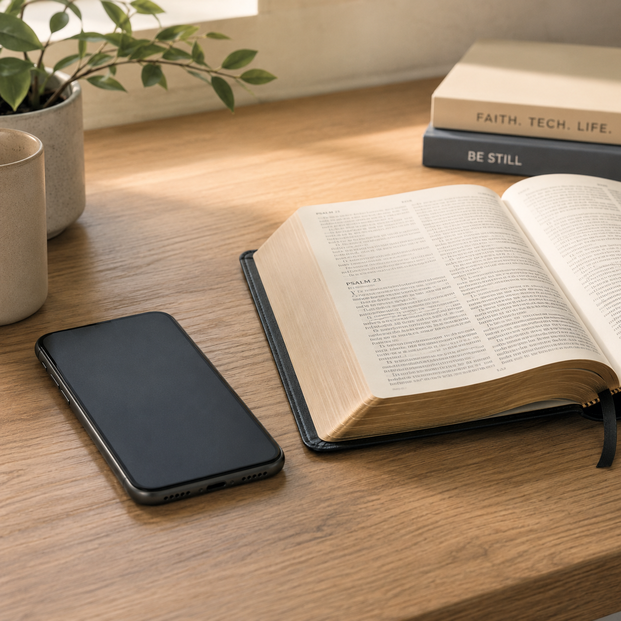 An open Bible beside a quiet smartphone, representing a Scripture app designed to support faith without chasing screen time.