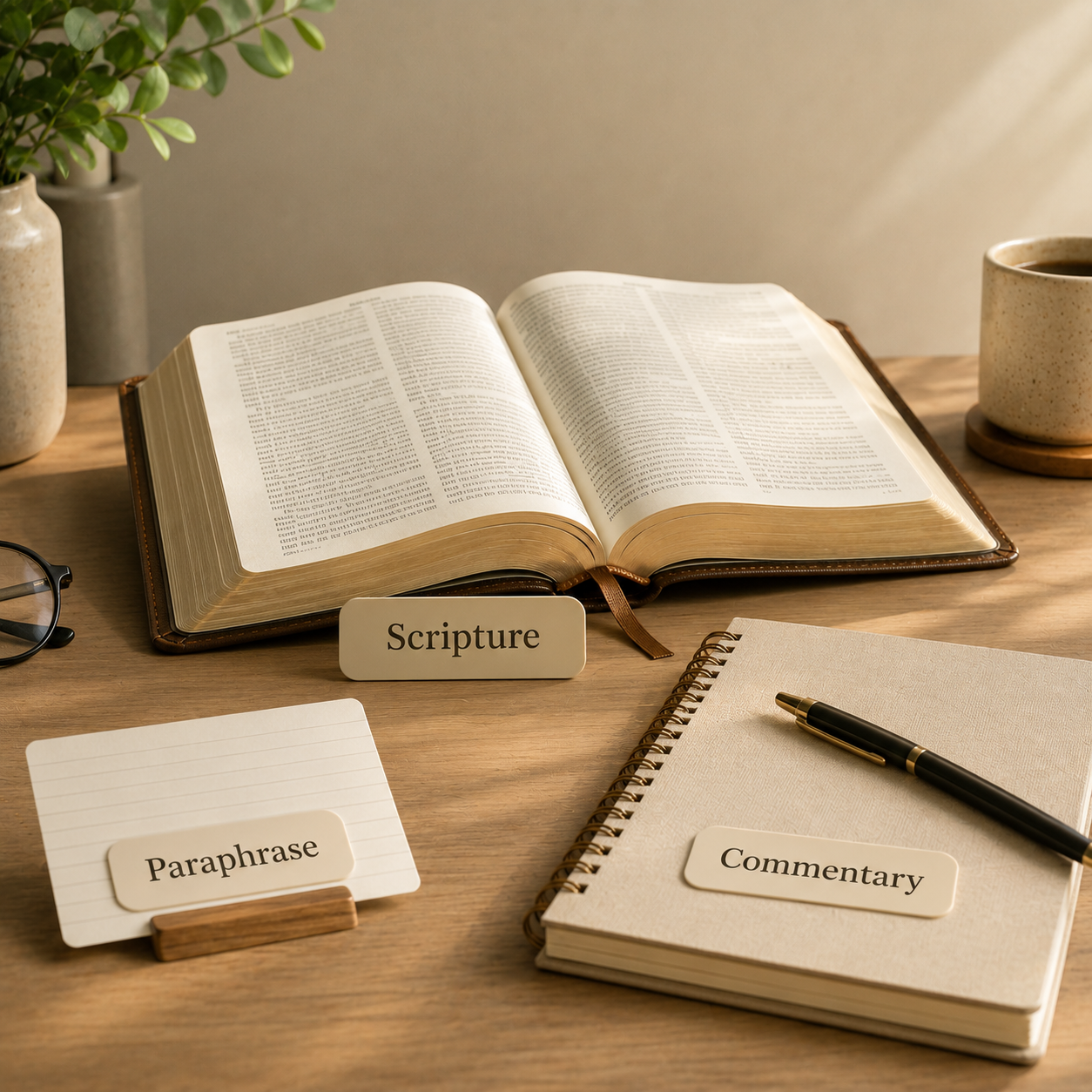 An open Bible labeled Scripture with a note card labeled Paraphrase and a notebook labeled Commentary.