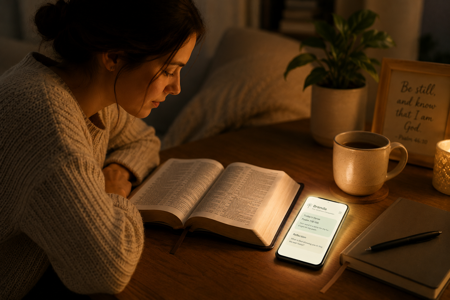 A woman reads her Bible at a warm evening table while a softly glowing phone rests nearby, suggesting that Christian AI can support reflection without replacing Scripture.