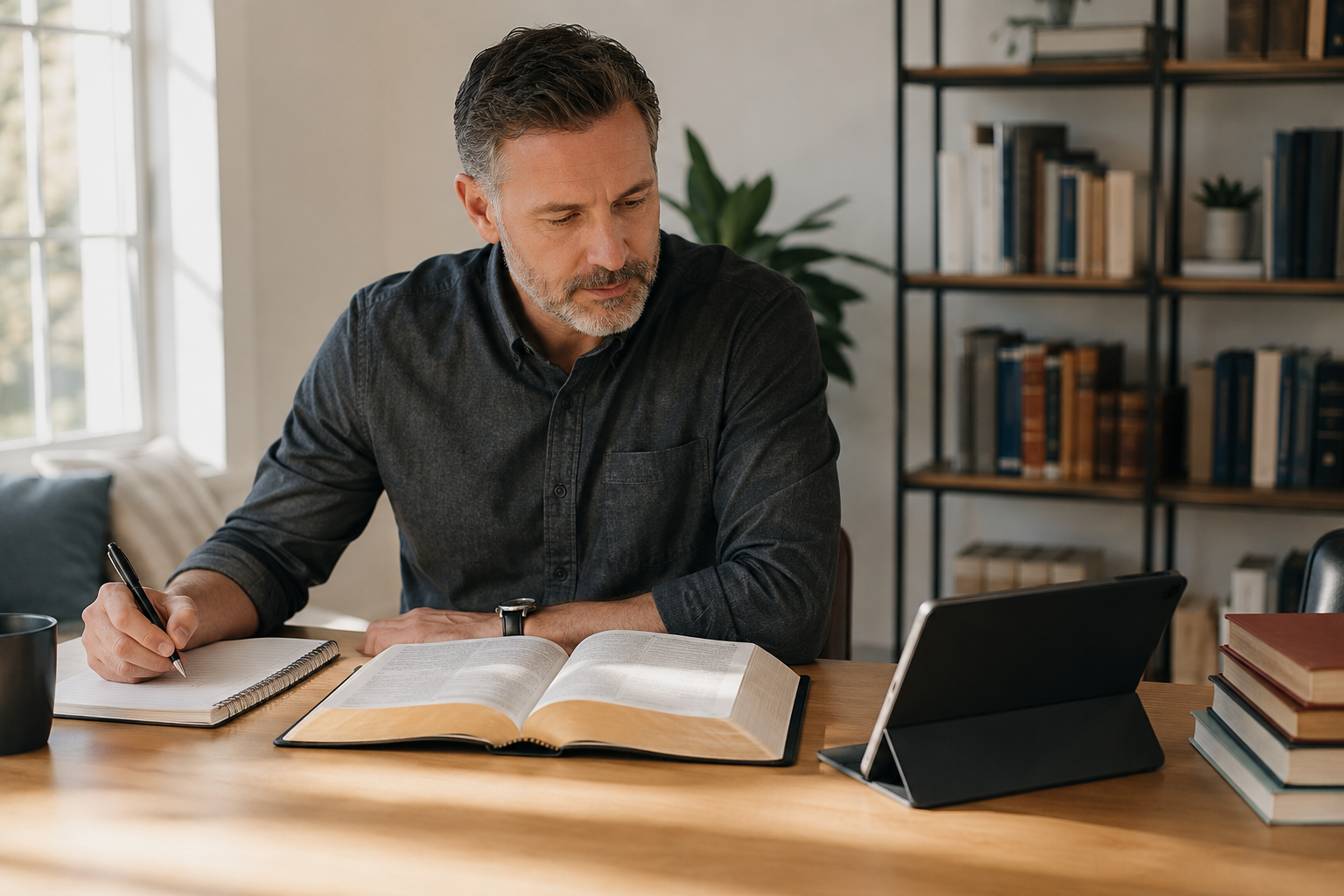 A reader studying an open Bible while using a tablet as a secondary research tool and taking careful notes.