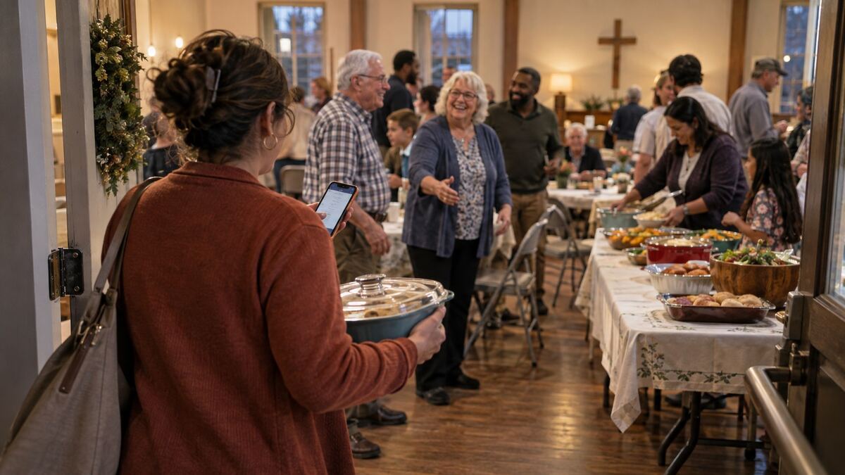 A volunteer carrying food into a warm church community supper while checking a phone briefly at the doorway.