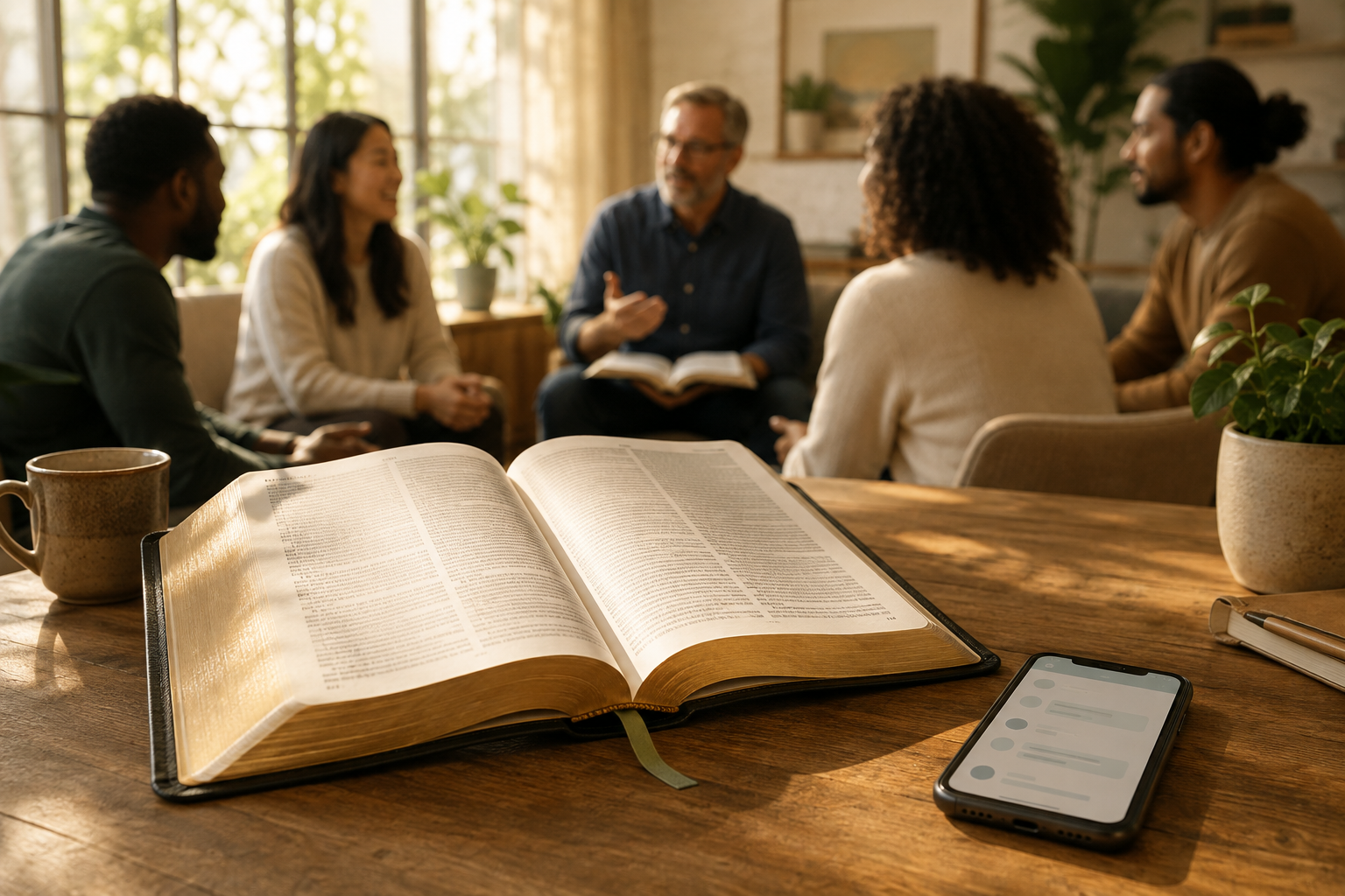 An open Bible rests prominently in warm light beside a smaller smartphone while a Christian community gathers in the background.