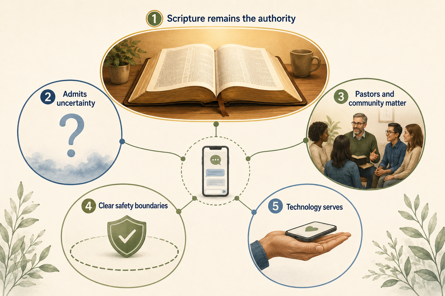 Five principles surround a small AI interface: Scripture remains the authority, uncertainty is admitted, pastors and community matter, safety boundaries are clear, and technology serves.