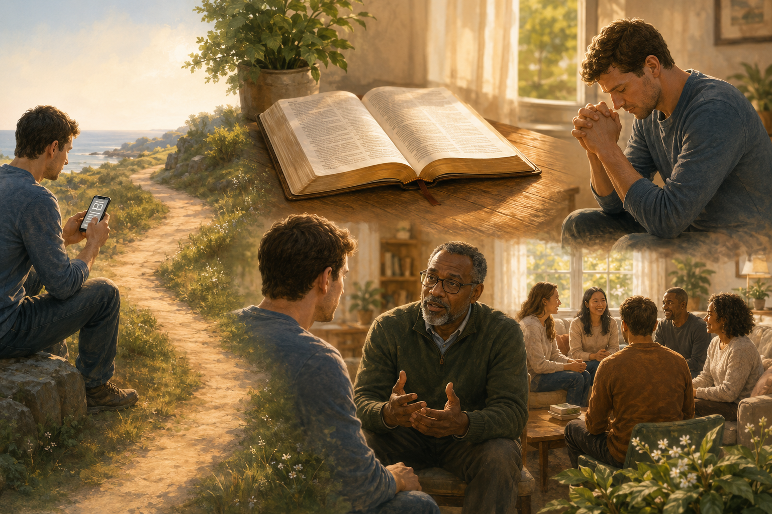 A small Scripture app begins a pathway toward an open Bible, personal prayer, a trusted pastor, and a real Christian community.