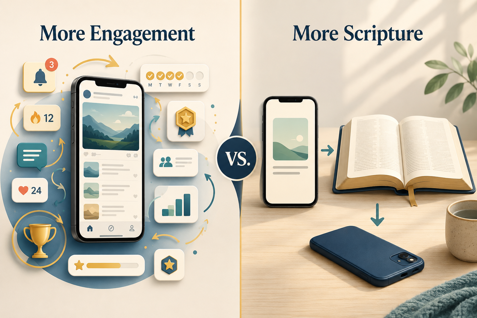 A comparison contrasts an app designed for more engagement with a calmer design that leads from a simple prompt to Scripture and then puts the phone aside.