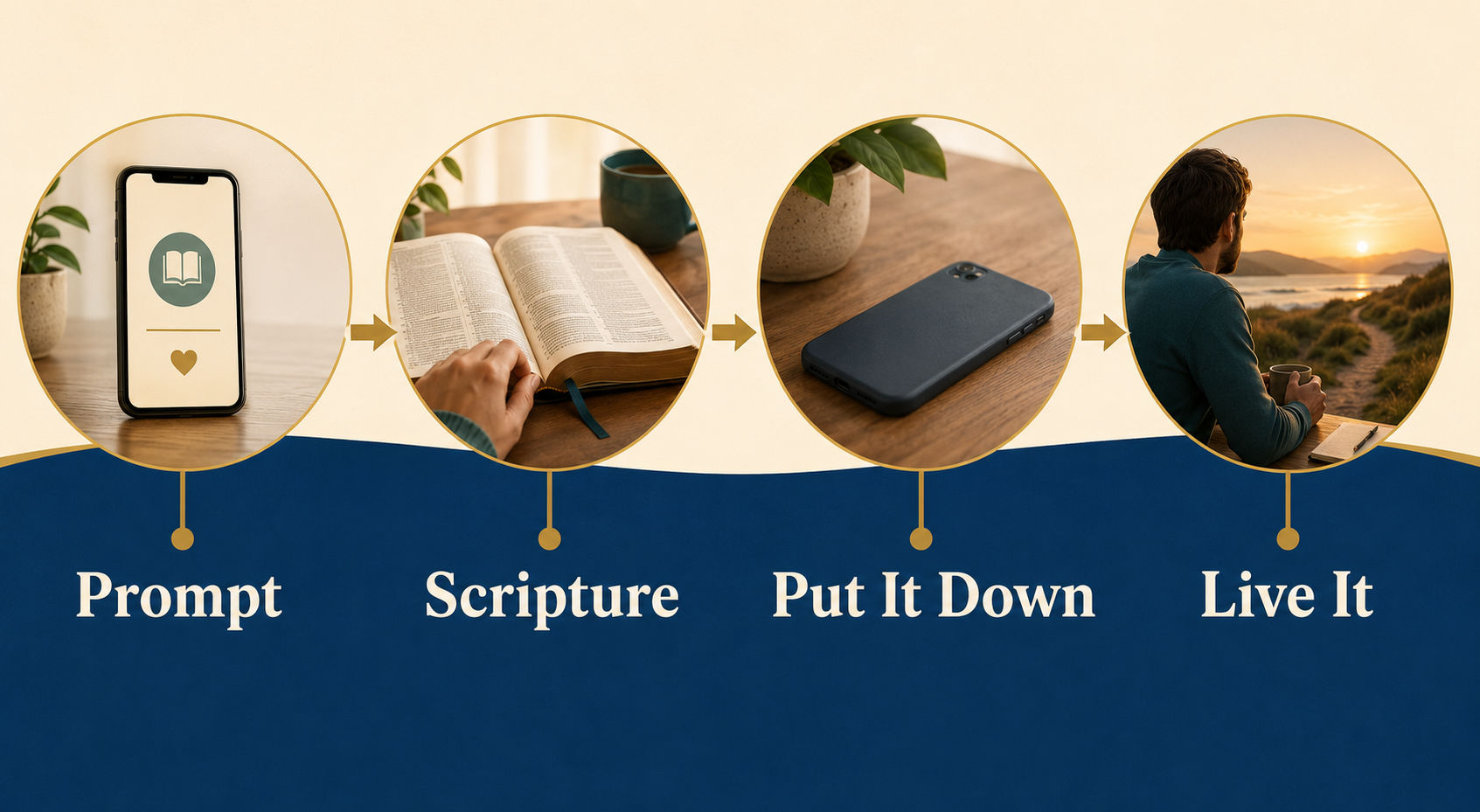 A four-stage path moves from a phone prompt to Scripture, then to putting the phone down and living out the reflection.
