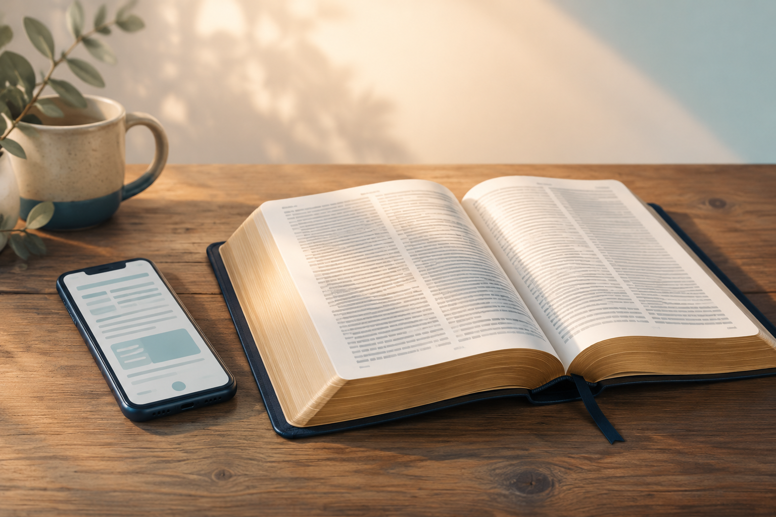 A smartphone with a simple Scripture interface rests beside an open Bible in warm morning light, with the Bible remaining visually dominant.