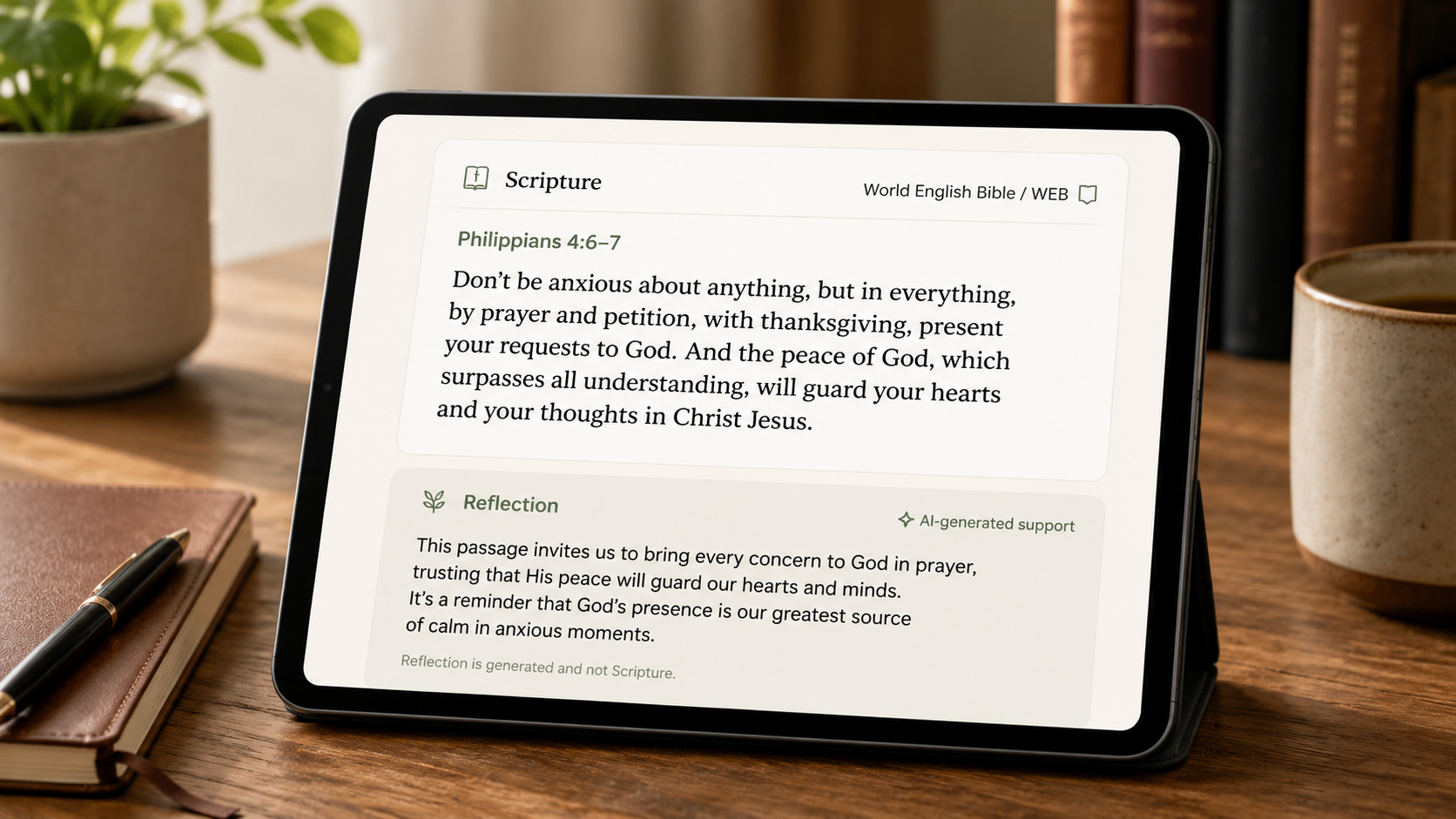 A tablet screen shows Scripture labeled World English Bible / WEB above a separate reflection section labeled as AI-generated support, illustrating the difference between Bible text and generated reflection.