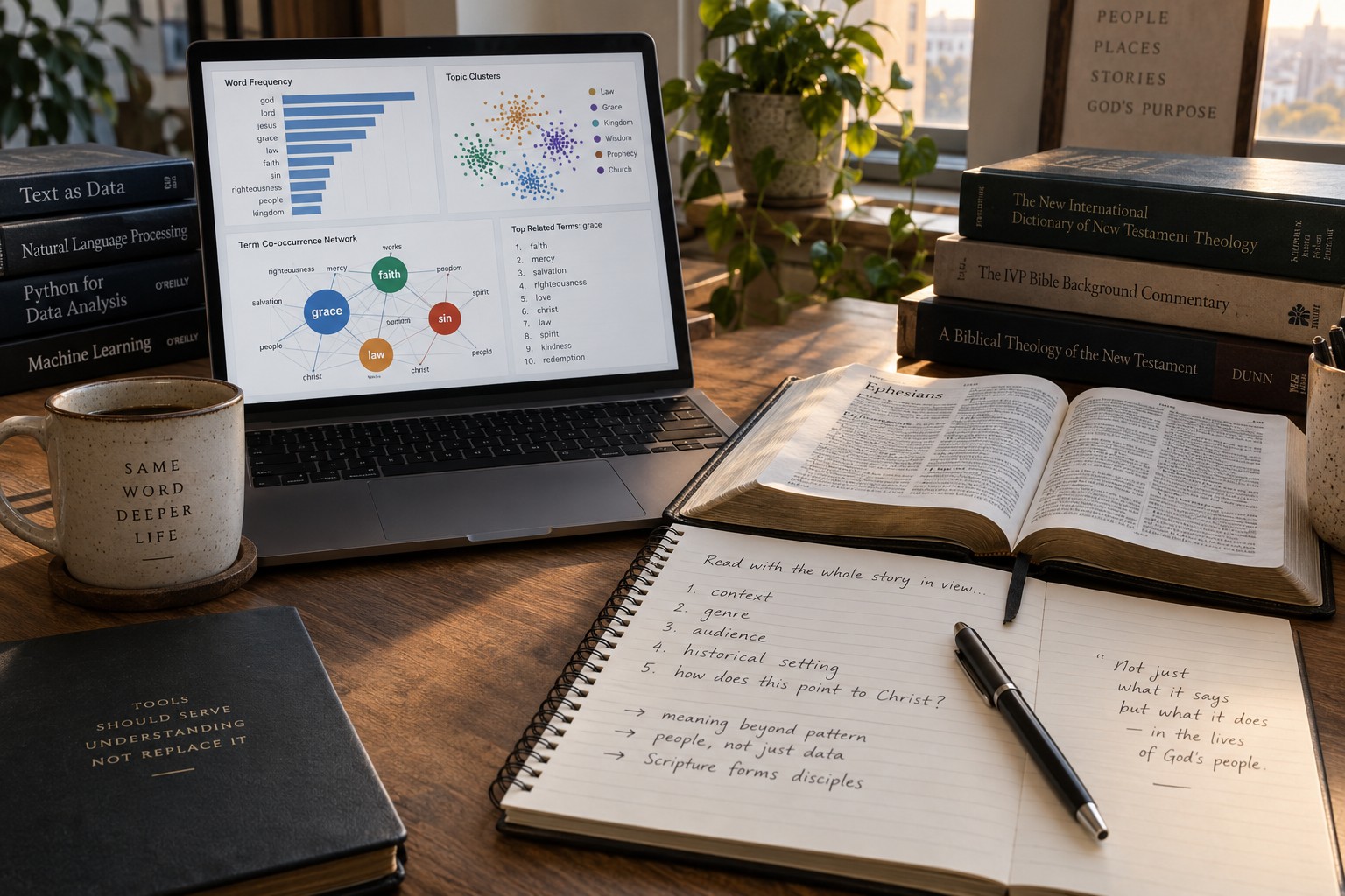 A laptop displaying word-frequency charts and topic clusters beside an open Bible, theology books, and handwritten study notes.
