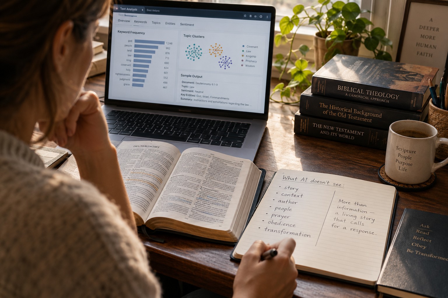 A reader comparing an AI text analysis dashboard with an open Bible and handwritten notes about story, context, people, prayer, obedience, and transformation.