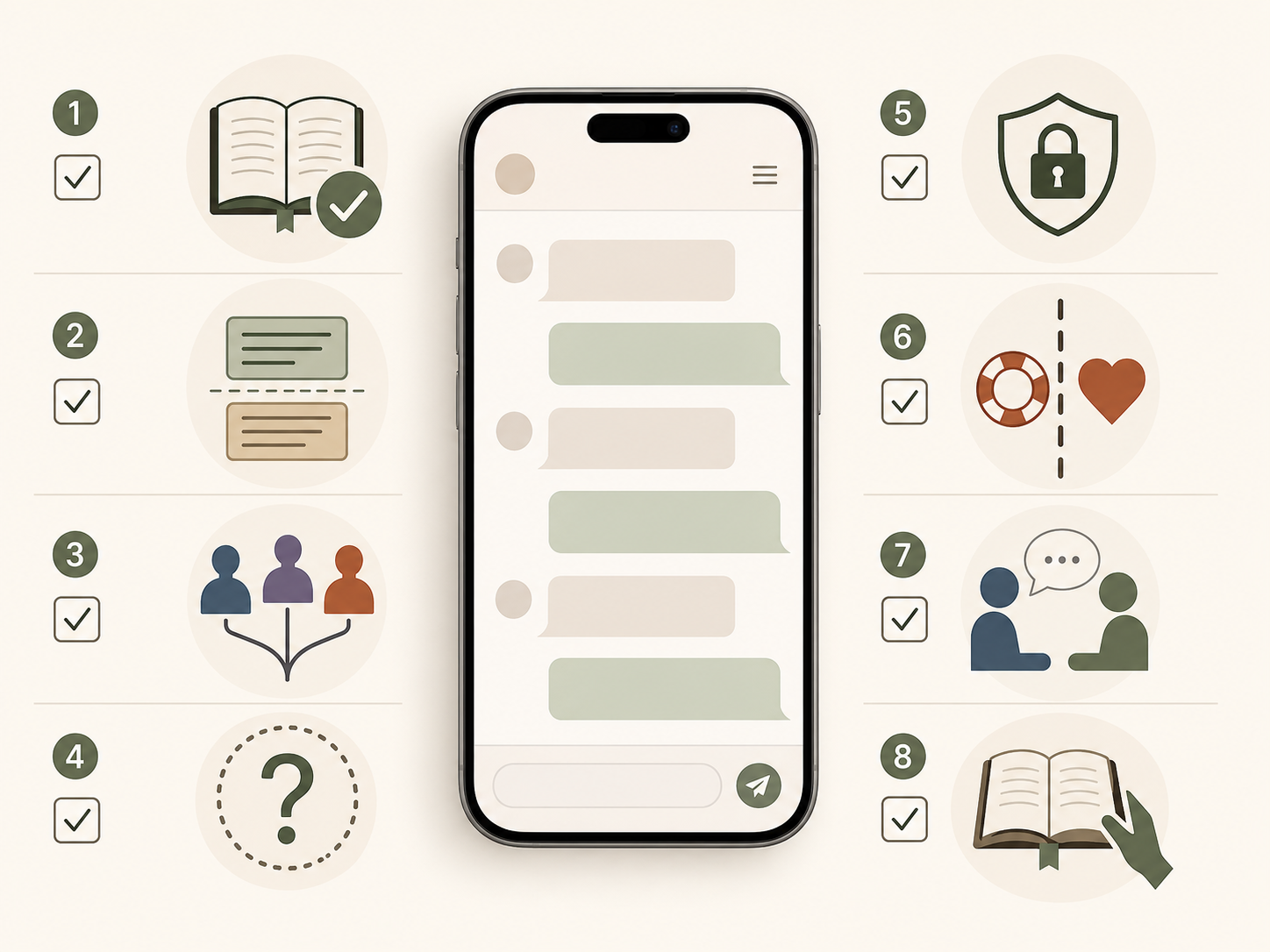 A visual checklist for evaluating Scripture accuracy, theology, privacy, boundaries, uncertainty, and human support in a Christian chatbot.