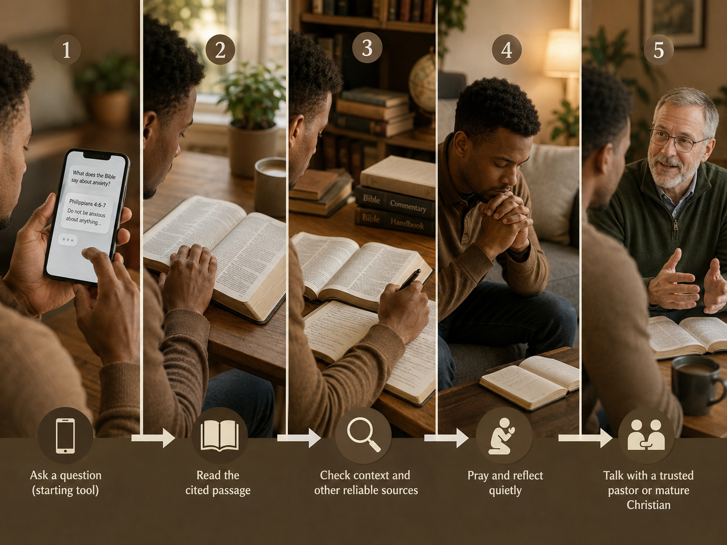 A healthy faith-question workflow moves from a chatbot to Scripture reading, reliable sources, prayerful reflection, and trusted human conversation.