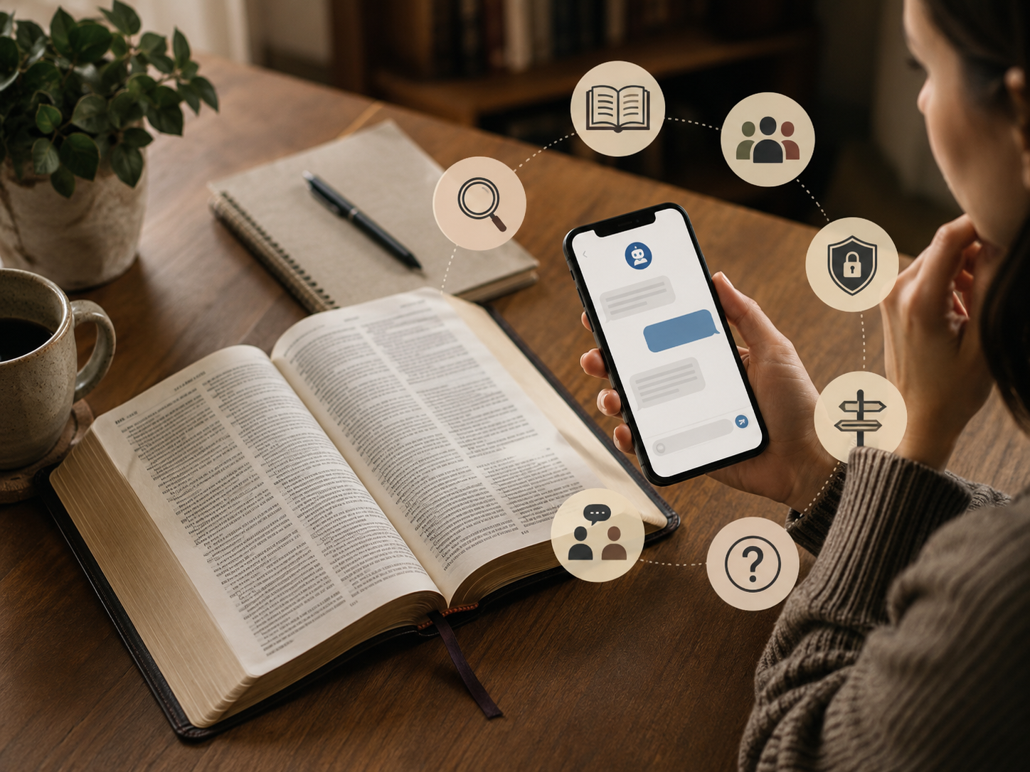 A thoughtful person evaluates a faith chatbot while an open Bible remains central beside the phone.