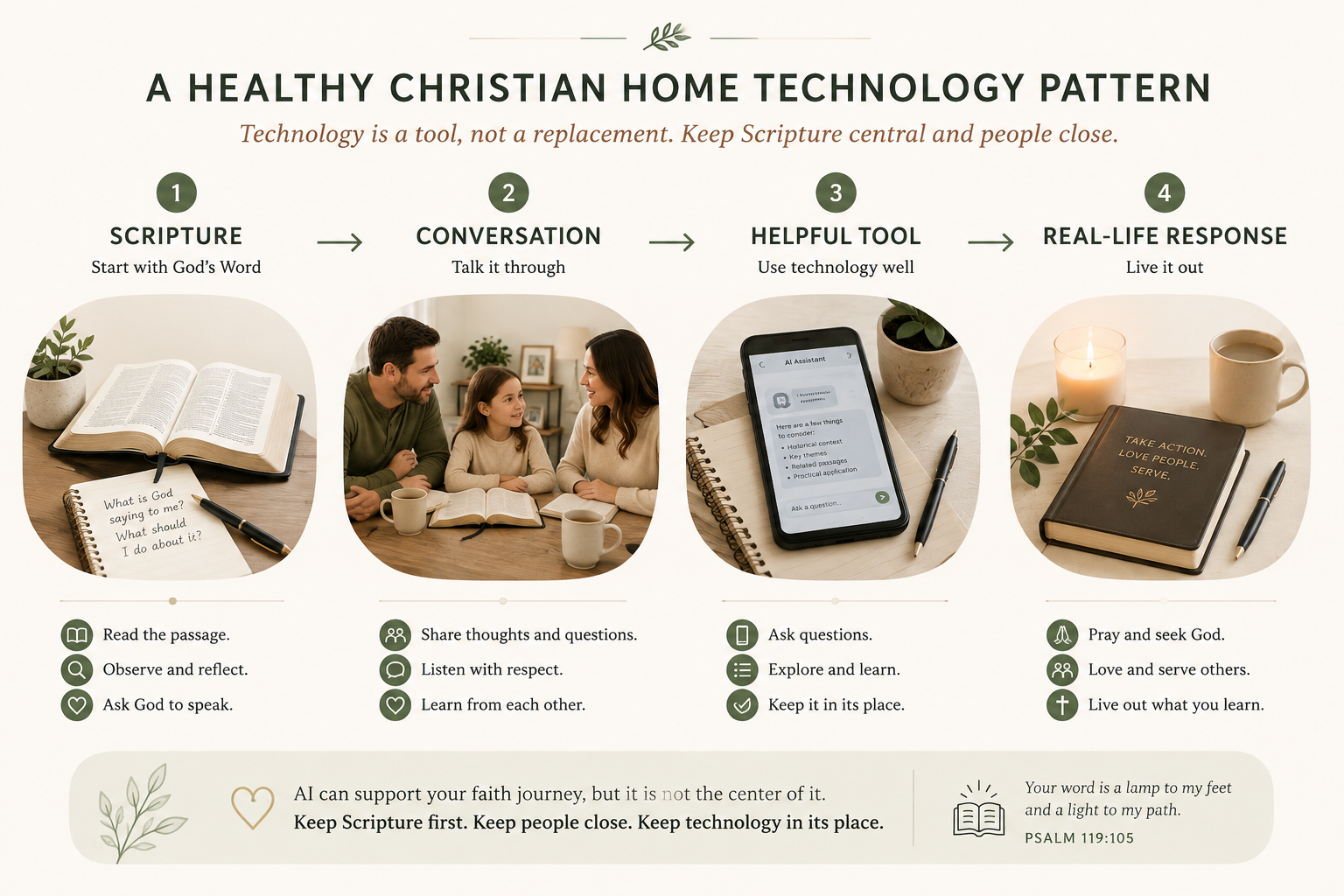 Infographic showing a healthy faith technology pattern: Scripture, conversation, helpful tool, and real-life response.