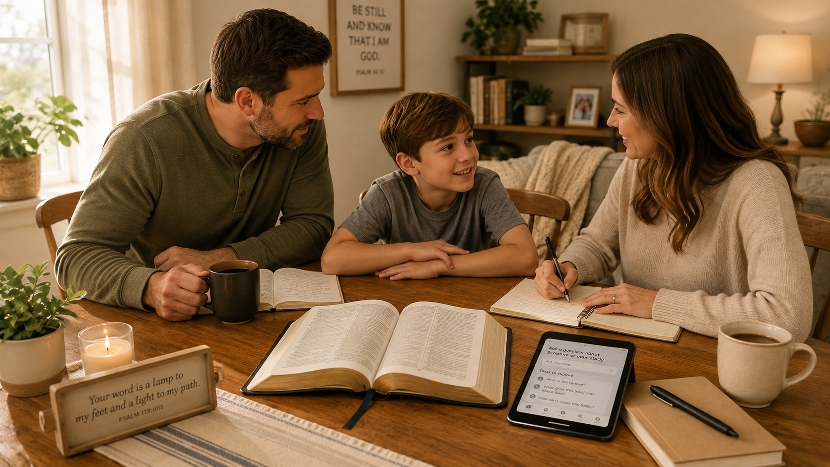 A family gathered around a table with an open Bible, handwritten notes, and a tablet used as a secondary study tool.
