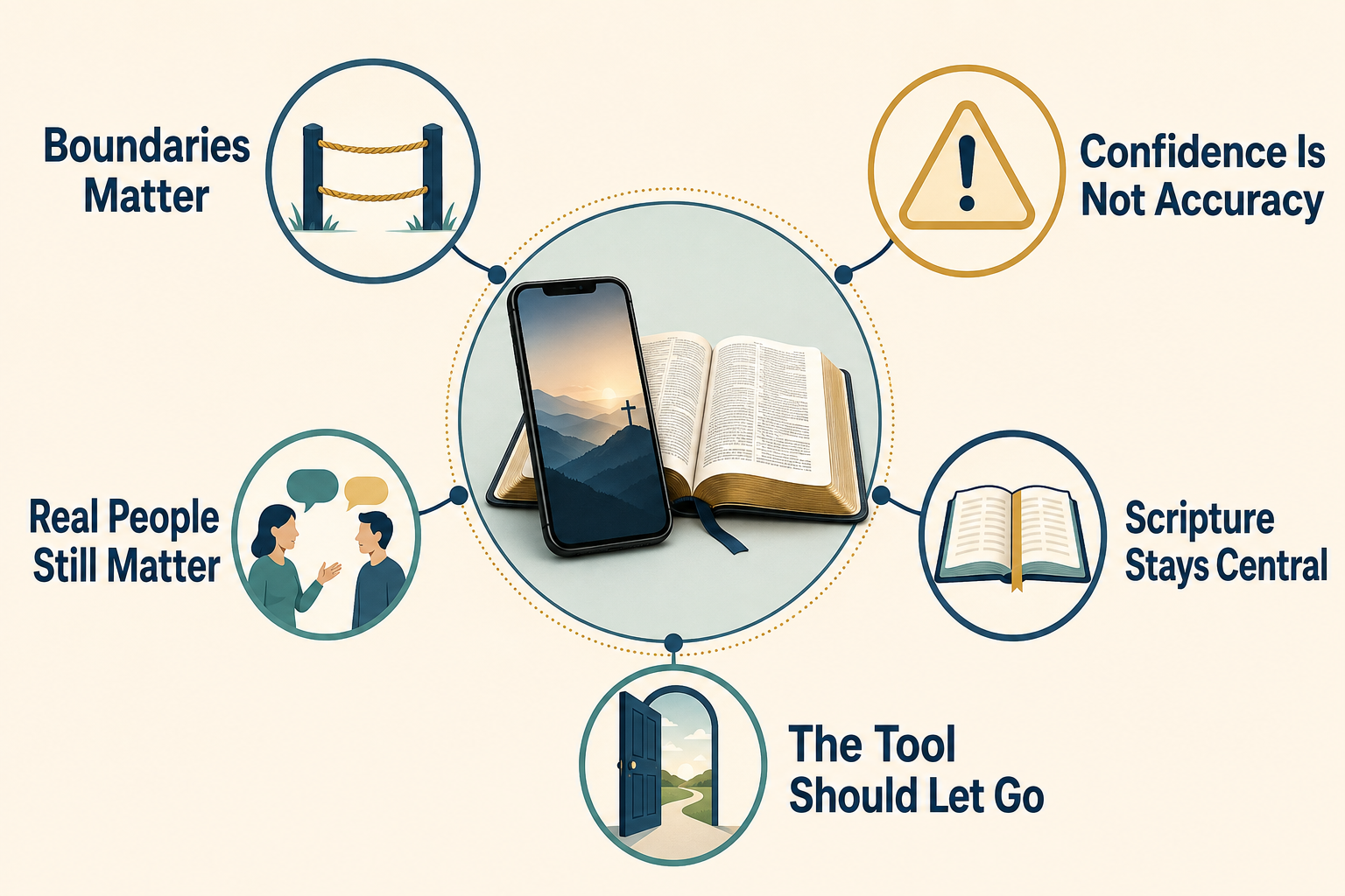 Five lessons surround a smartphone and open Bible: boundaries matter, confidence is not accuracy, real people still matter, Scripture stays central, and the tool should let go.