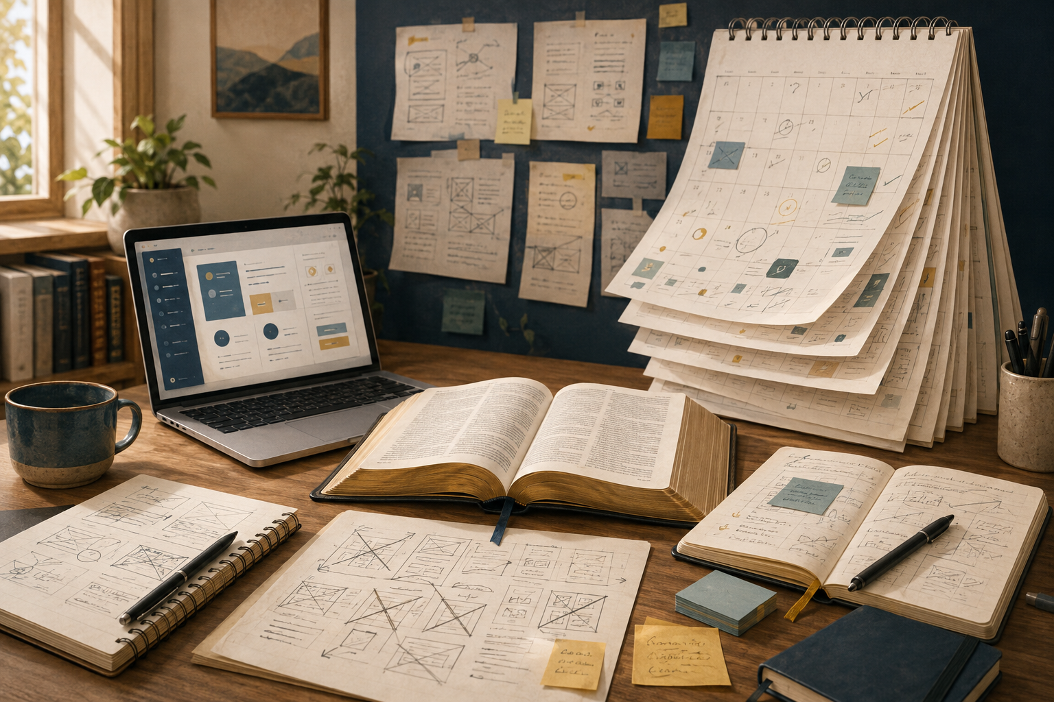 A reflective development workspace with an open Bible, a laptop, revised interface sketches, organized notes, and a calendar representing 15 months of work.