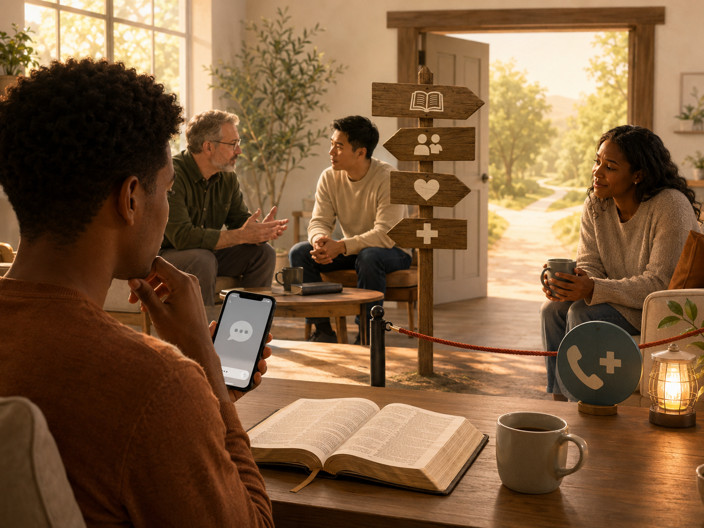 A person pauses before typing into an AI chat while considering Scripture, trusted Christian relationships, pastoral guidance, and professional support.