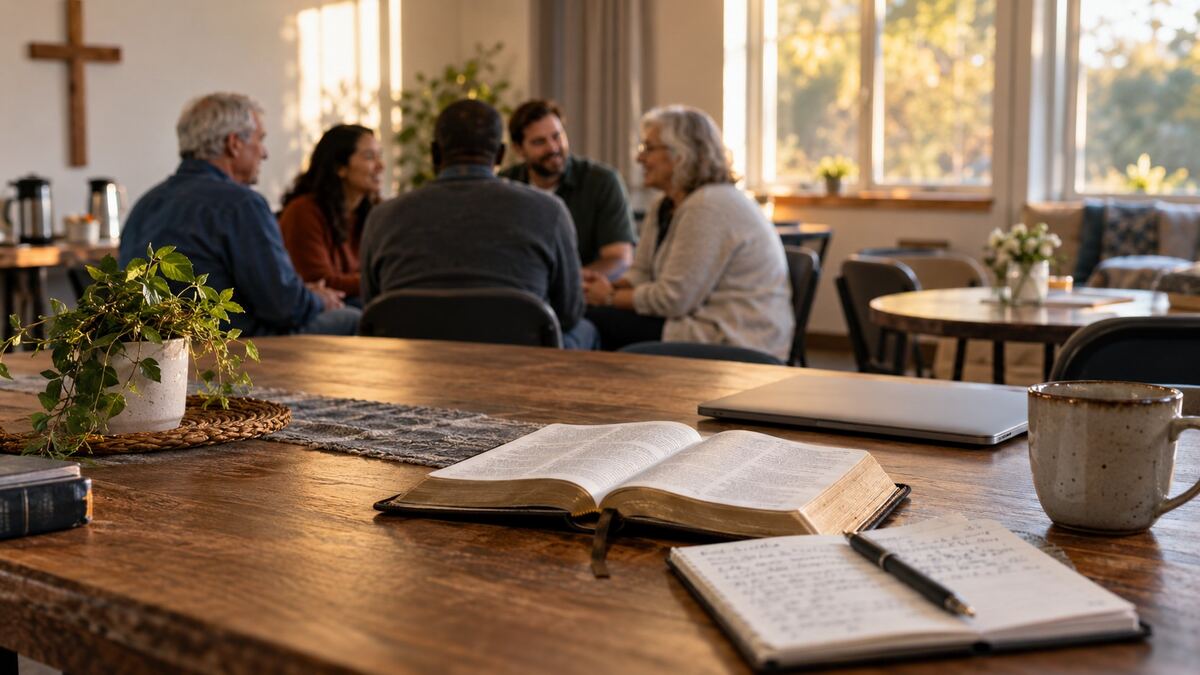 An open Bible and handwritten notes on a church table while a small group talks together in the background.