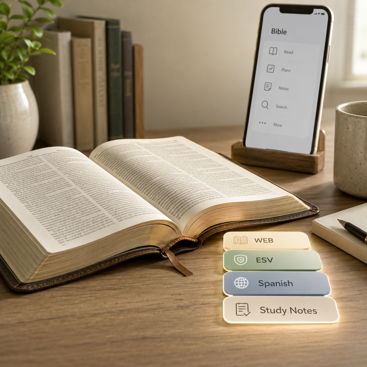 An open Bible on a wooden desk with Bible translation labels and a subtle Scripture app interface.