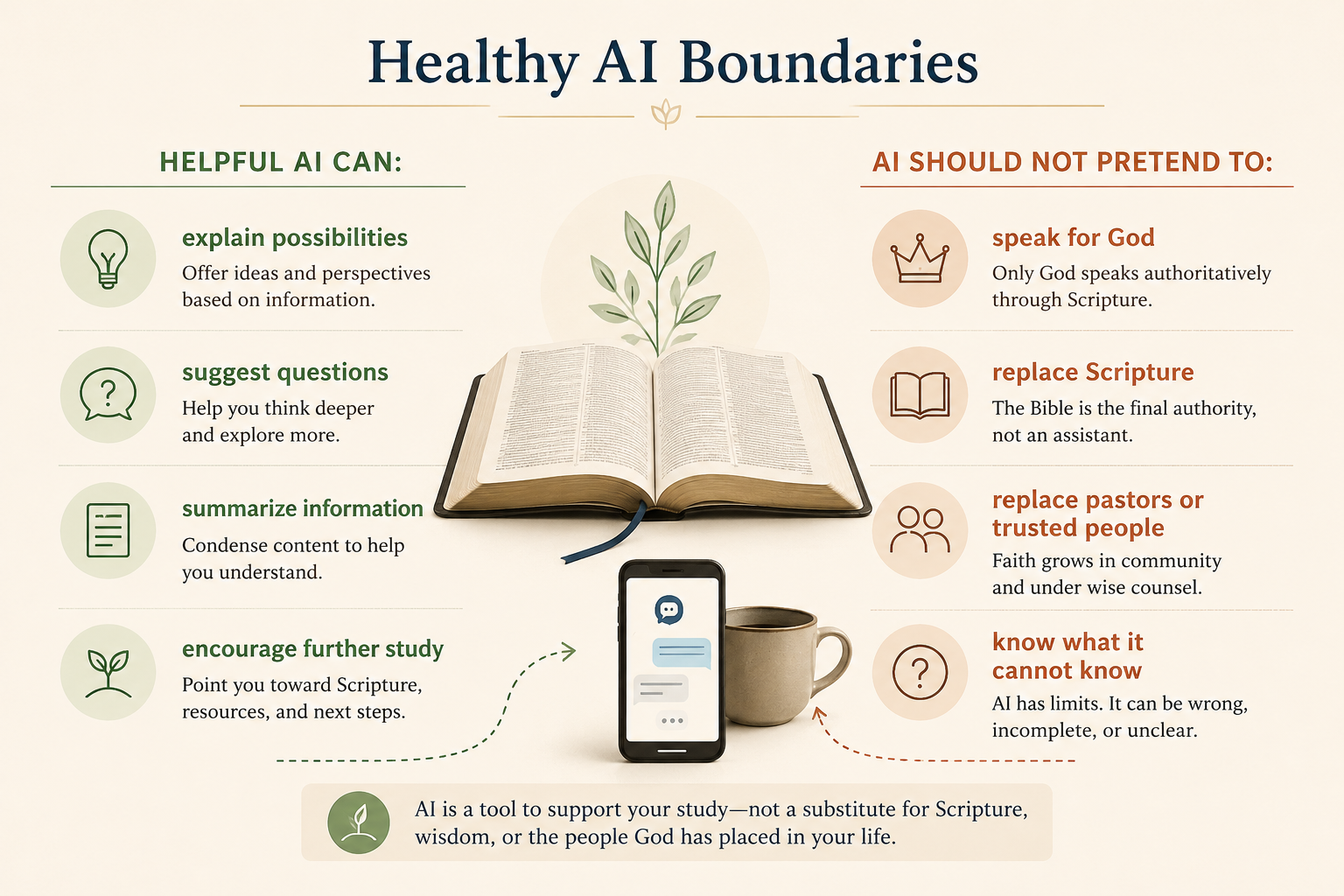 Infographic showing healthy AI boundaries, including helpful uses and areas where AI should not pretend to replace God, Scripture, pastors, or trusted people.