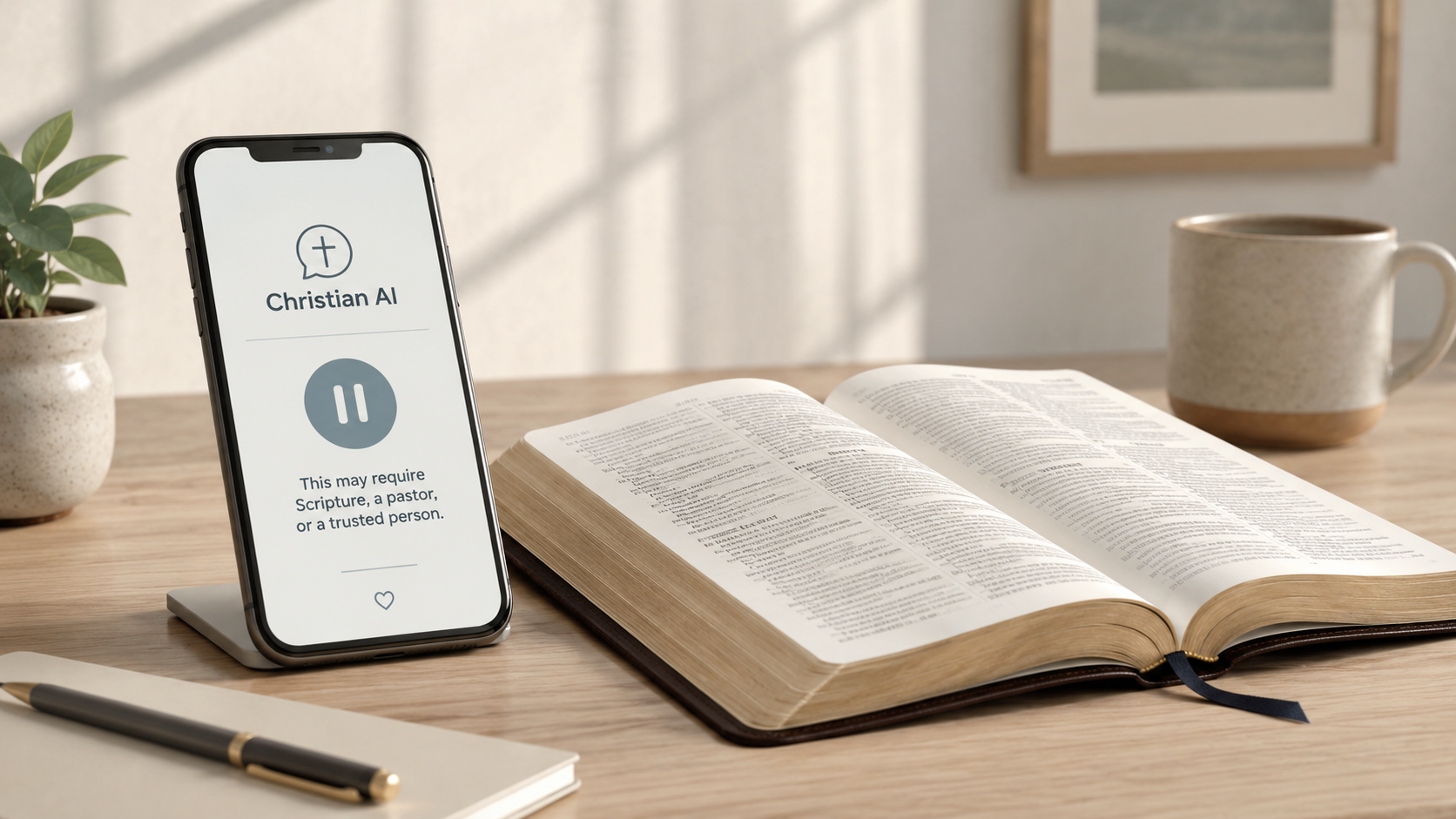 An open Bible beside a smartphone showing a calm AI boundary message that points toward Scripture and trusted people.